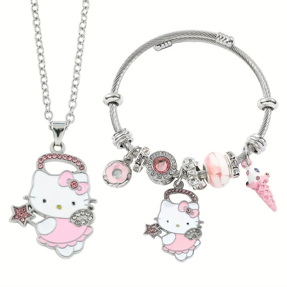 Silver & Pink HelloโKittyโNecklace & BraceletโSet